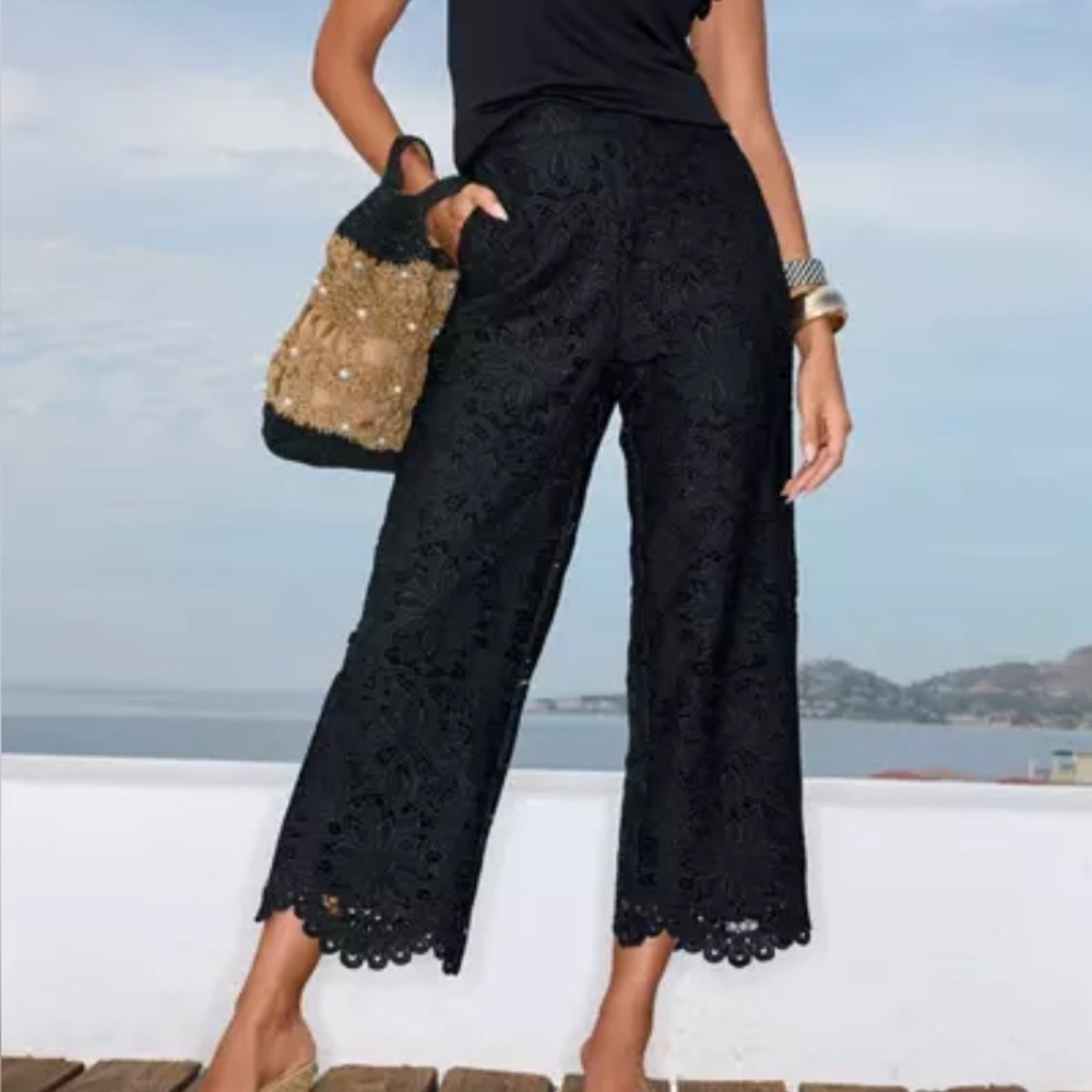 Boston Proper Black Cropped Wide-Leg Lace Pants